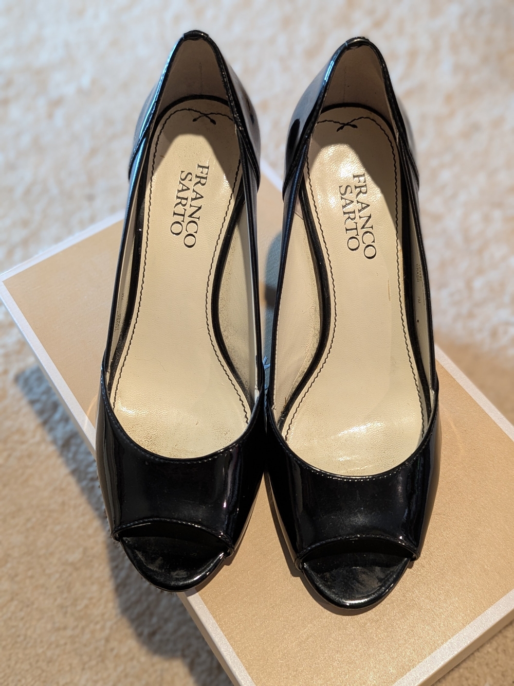 Franco Sarto Black Patent Peep Toe Pumps